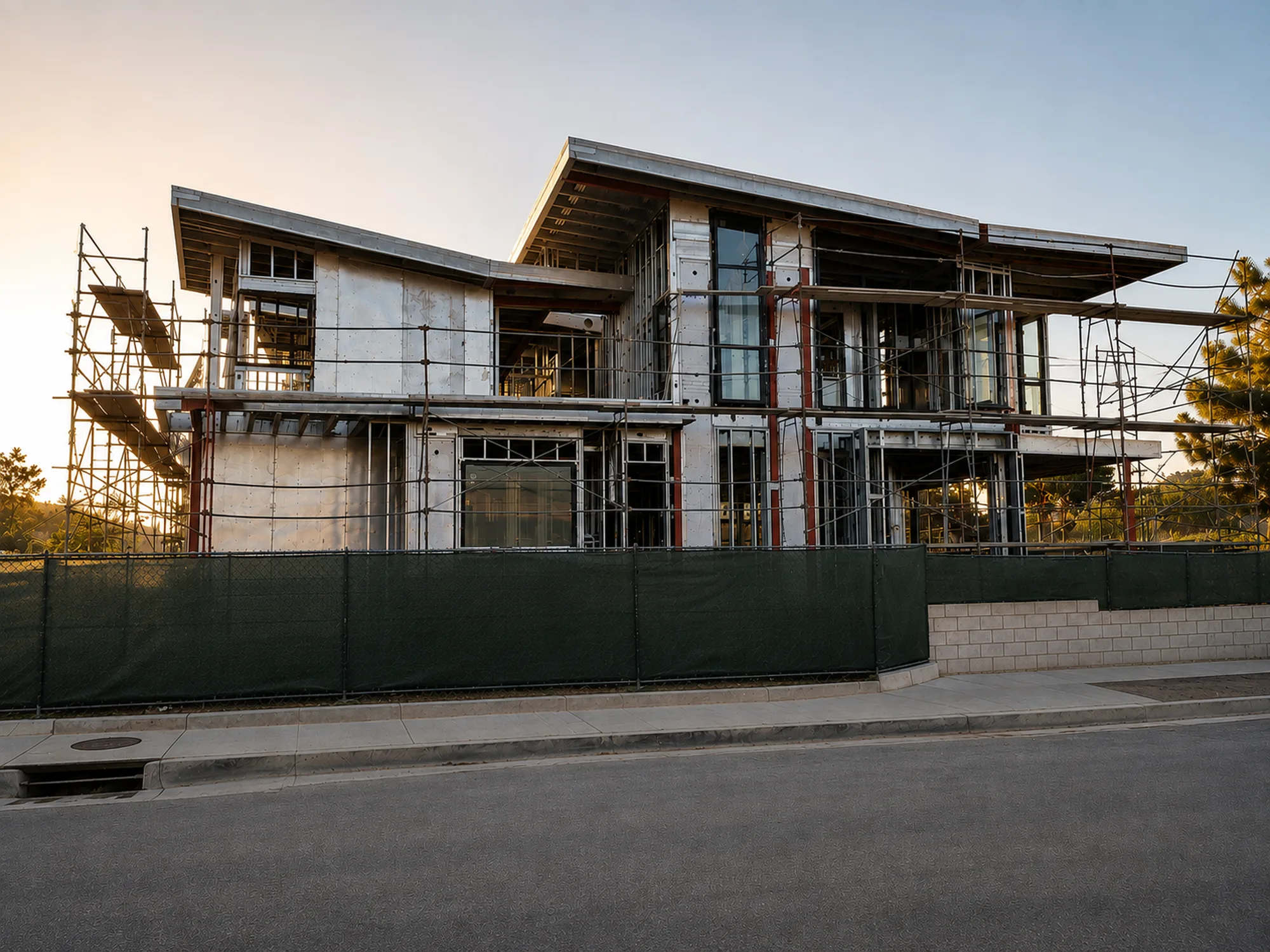 Two-story modern custom home framed in cold-formed steel, seen from the street during construction