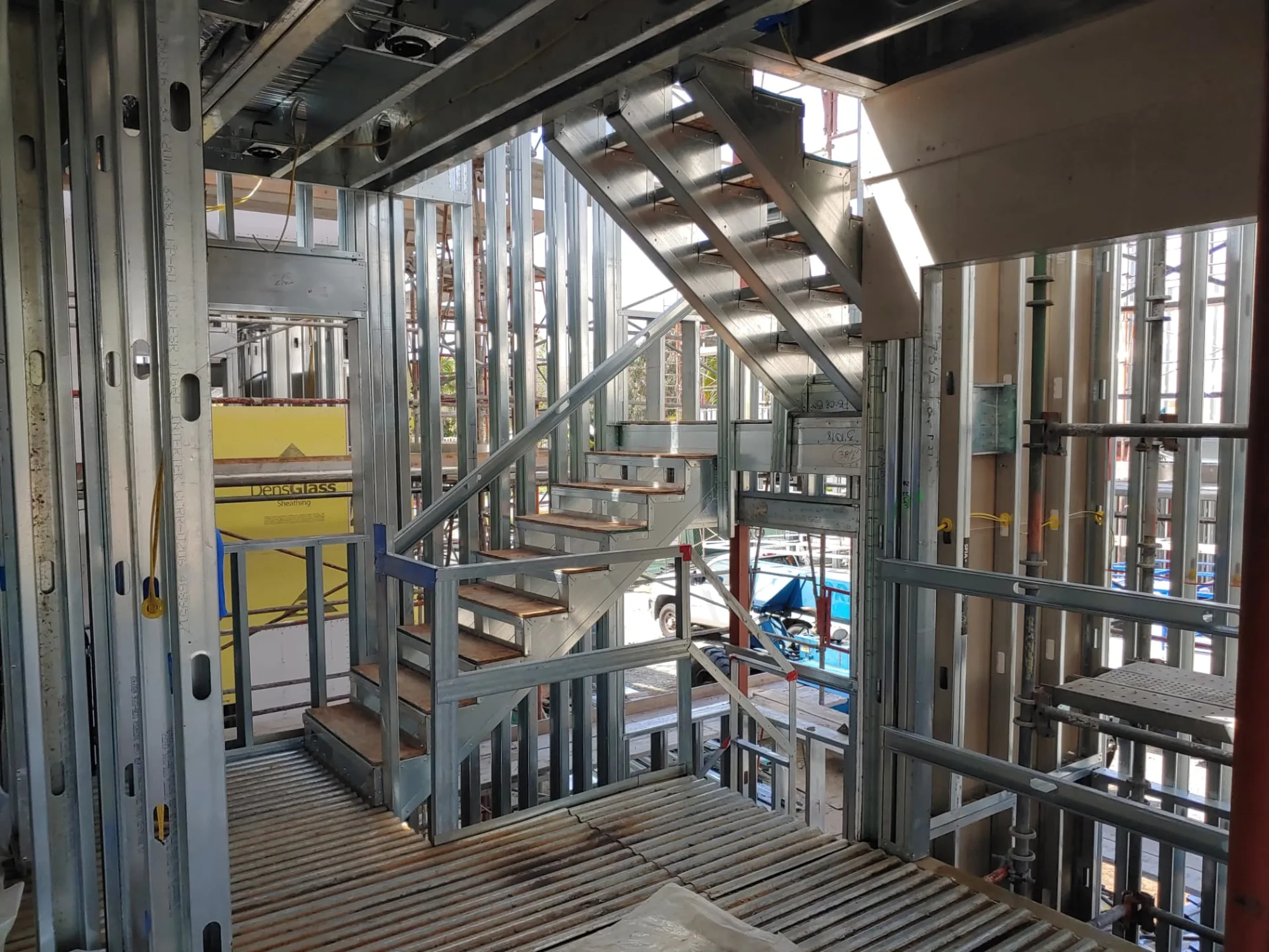 Cold-formed steel stair and floor framing detail inside a residence