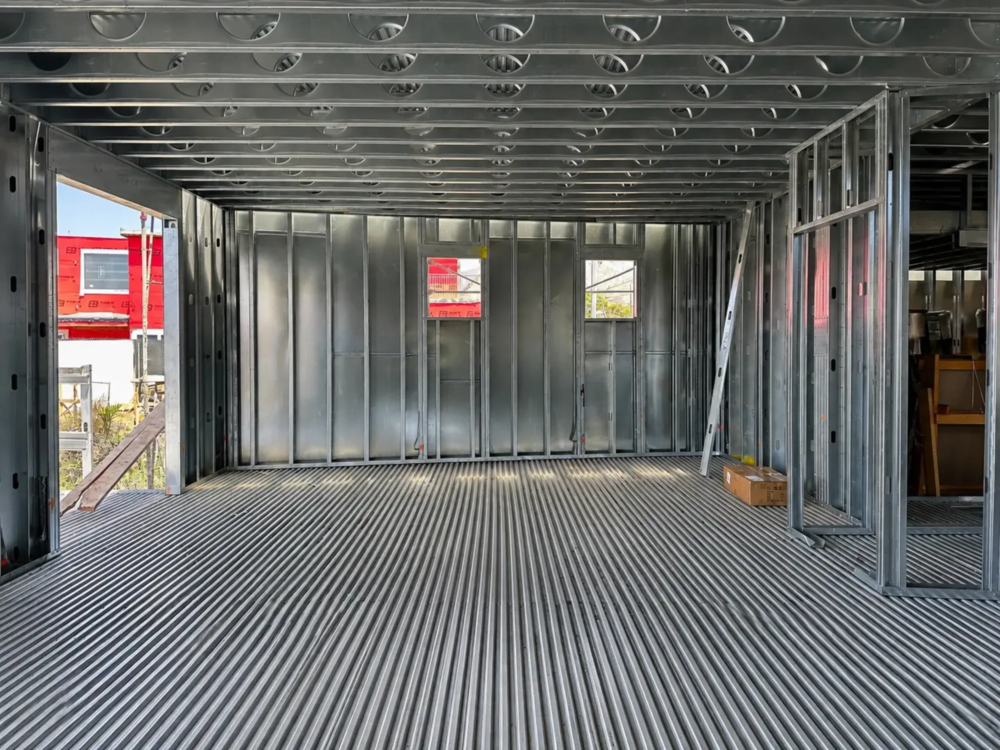 Interior of a residence showing cold-formed steel wall, floor and ceiling framing